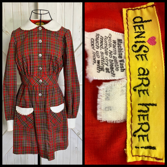 70's Vintage Denise Are Here Red Green White Plaid Dolly Mini Dress