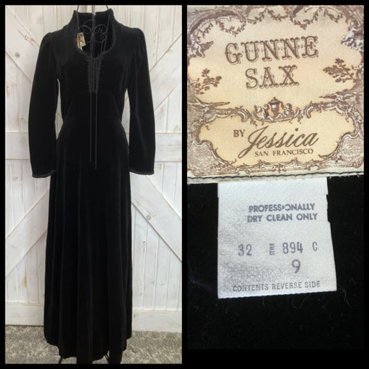 70's Vintage Gunne Sax Black Velvet Corset Prairie Goth Morticia Maxi Dress 9