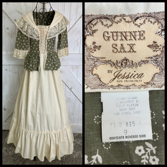 70's Vintage Gunne Sax Green Calico Ivory Bicentennial Peasant Prairie Corset Peplum Maxi Dress 9