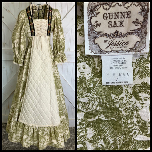 70's Vintage Gunne Sax Green Ivory Toile de Jouy Tapestry Renaissance Corset Prairie Maxi Dress 7