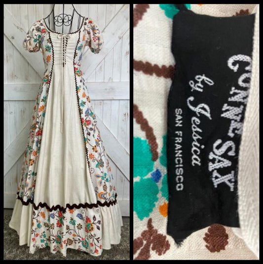 70's Vintage Gunne Sax Black Label Ivory Natural Rainbow Brown Cap Sleeve Corset Prairie Hippie Maxi Dress *FLAWS