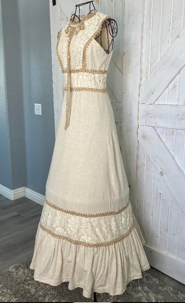 70's Vintage Gunne Sax Black Label Renaissance Faire Princess Queen Cleopatra Ivory Maxi Sundress Dress 9