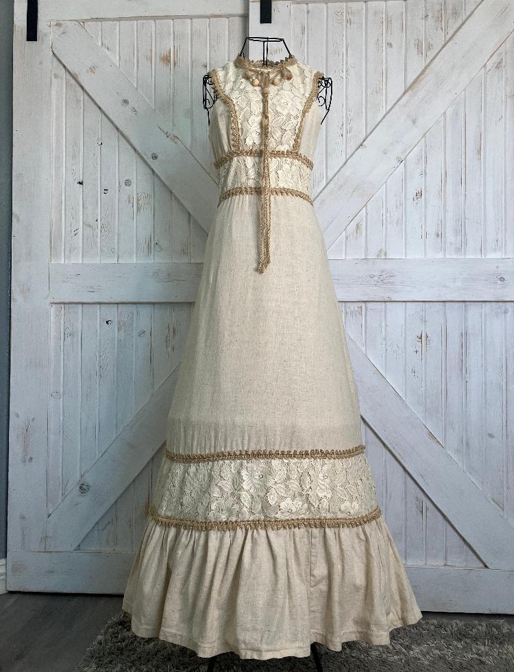 70's Vintage Gunne Sax Black Label Renaissance Faire Princess Queen Cleopatra Ivory Maxi Sundress Dress 9