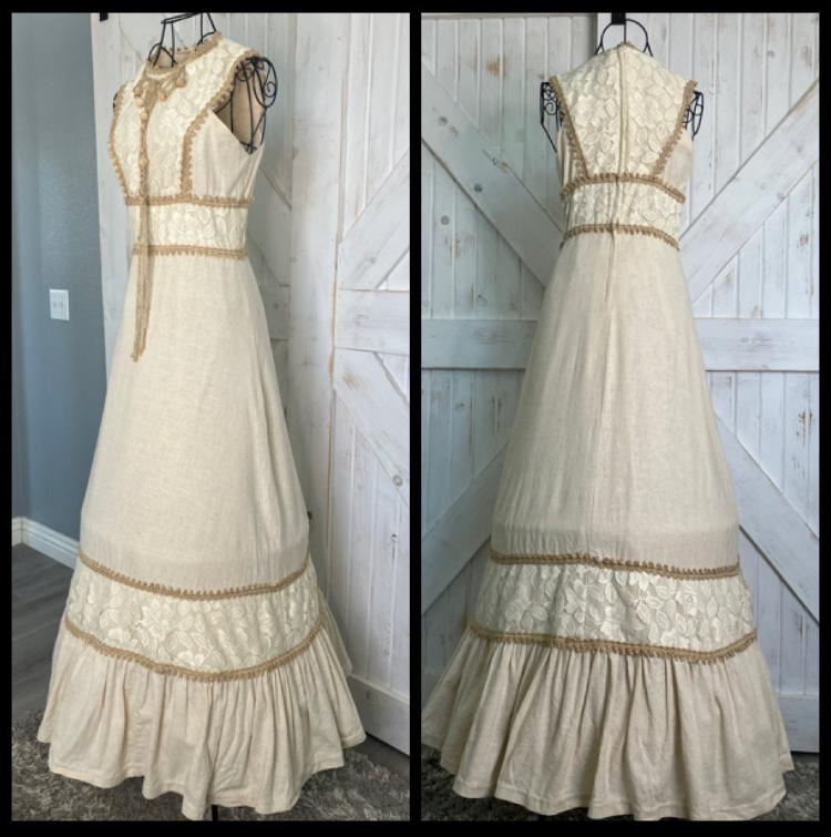 70's Vintage Gunne Sax Black Label Renaissance Faire Princess Queen Cleopatra Ivory Maxi Sundress Dress 9