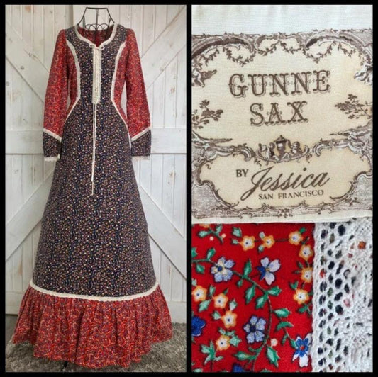 70's Vintage Gunne Sax Red Blue White Calico Corset Western Cowgirl Prairie Maxi Dress