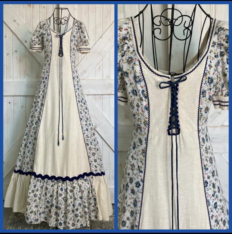 70's Vintage Gunne Sax Black Label Blue White Calico Floral Butterflies Corset Peasant Princess Maxi Dress 9 *FLAWS