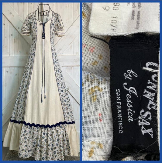 70's Vintage Gunne Sax Black Label Blue White Calico Floral Butterflies Corset Peasant Princess Maxi Dress 9 *FLAWS