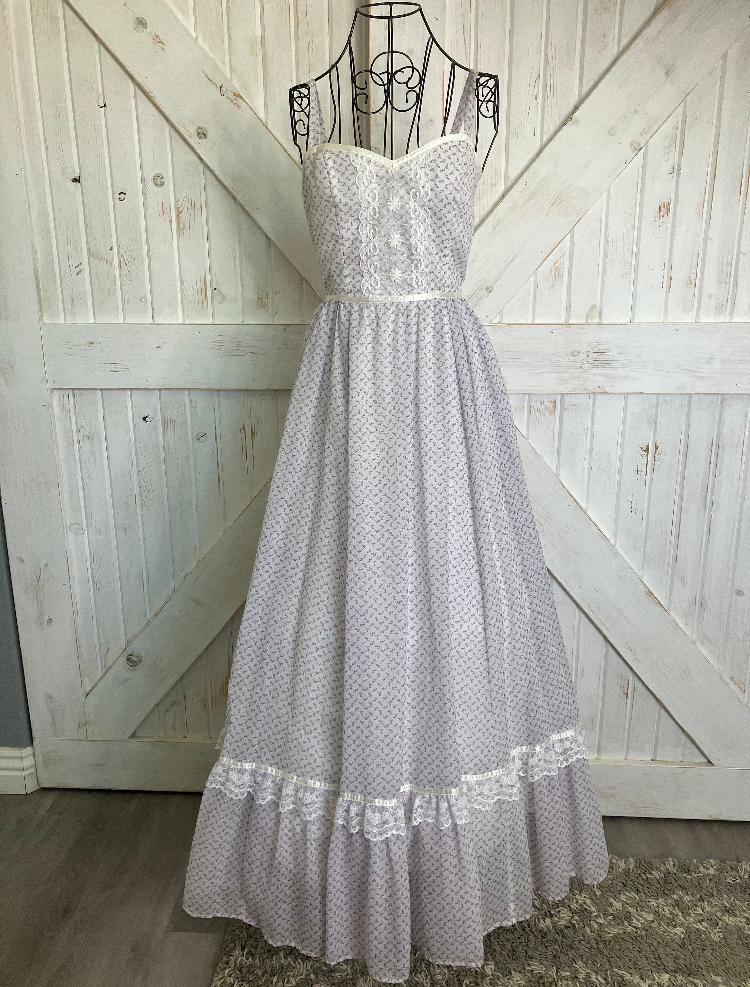 70's Vintage Gunne Sax Lavender Purple White Green Calico Blue Swiss Polka Dot Lace Prairie Maxi Dress Sundress 7