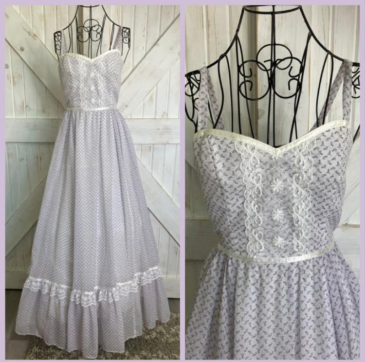 70's Vintage Gunne Sax Lavender Purple White Green Calico Blue Swiss Polka Dot Lace Prairie Maxi Dress Sundress 7