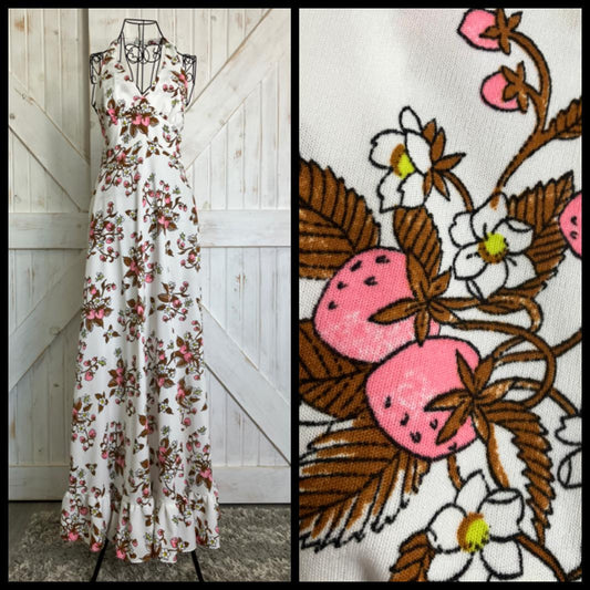 70's Vintage Rags by Kressandra White Pink Strawberry Bumble Bee Halter Maxi Sundress Dress