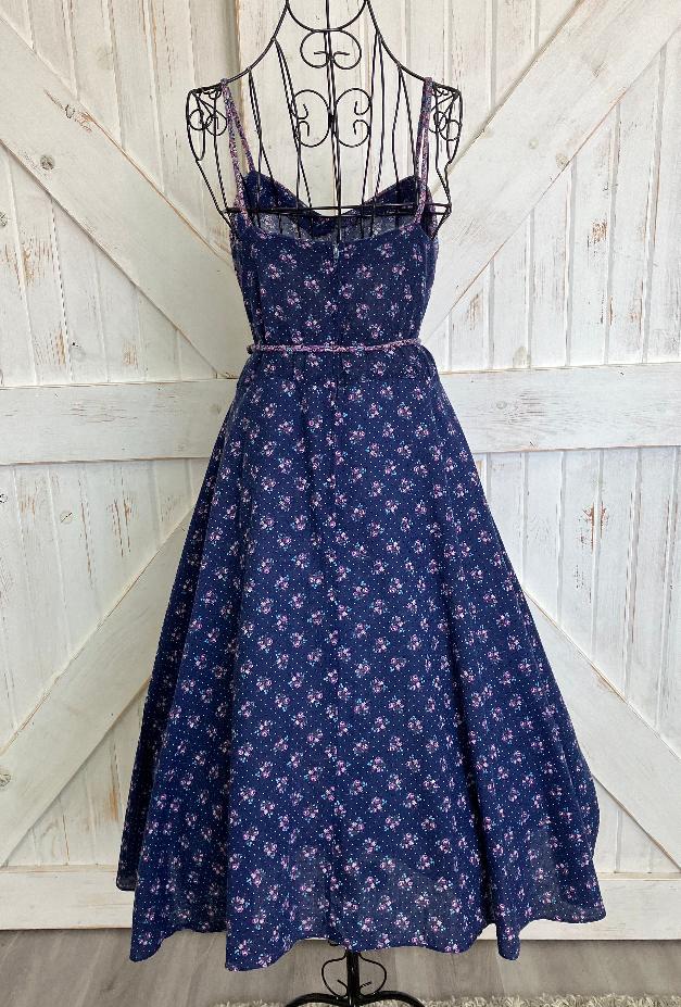 80's Vintage Blue Purple Calico White Swiss Polka Dot Prairie Sundress Midi Dress