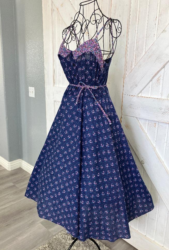 80's Vintage Blue Purple Calico White Swiss Polka Dot Prairie Sundress Midi Dress