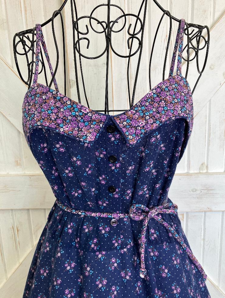 80's Vintage Blue Purple Calico White Swiss Polka Dot Prairie Sundress Midi Dress