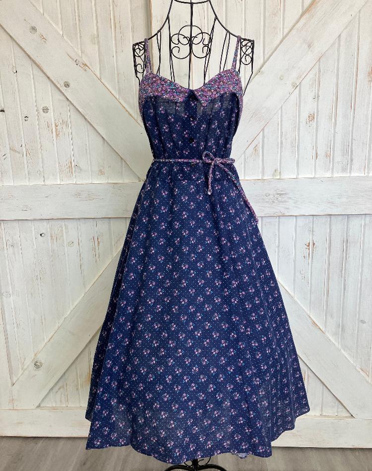 80's Vintage Blue Purple Calico White Swiss Polka Dot Prairie Sundress Midi Dress