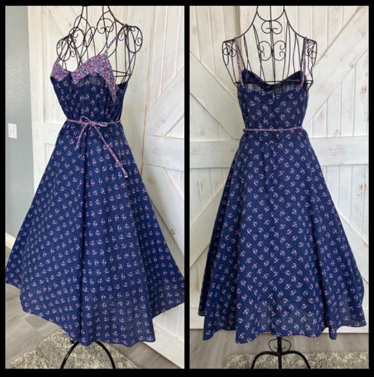 80's Vintage Blue Purple Calico White Swiss Polka Dot Prairie Sundress Midi Dress