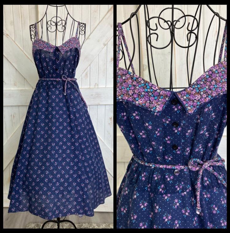 80's Vintage Blue Purple Calico White Swiss Polka Dot Prairie Sundress Midi Dress