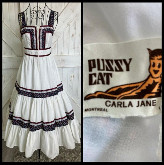 70's Vintage Pussy Cat Carla Jane White Blue Red Calico Prairie Gunne Sax STYLE Corset Sundress Midi Dress