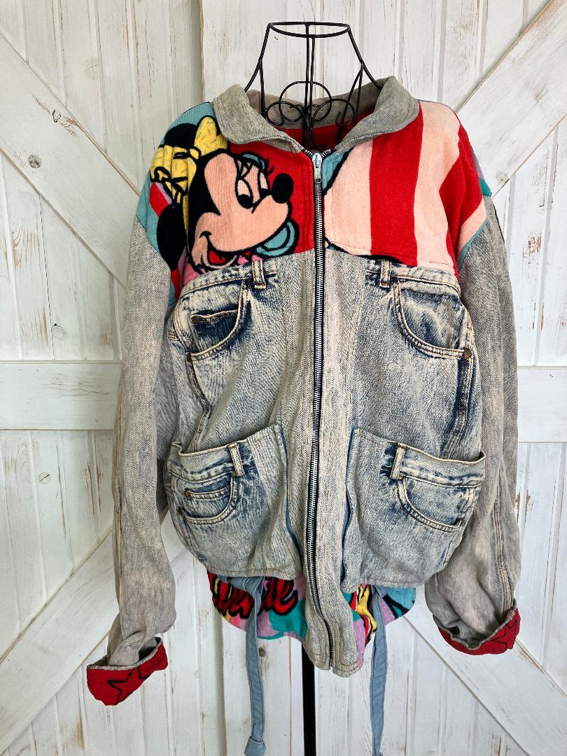 90's Vintage Too Cute x Disney Guetta Brothers Mickey Minnie Mouse Denim Terry Bomber Jacket Coat