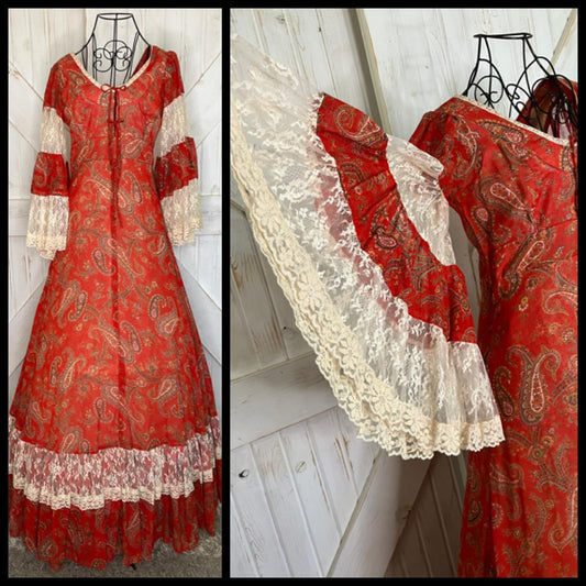 70's Vintage Gunne Sax Red Paisley White Lace Angel Sleeve Stevie Hippy Maxi Dress 7