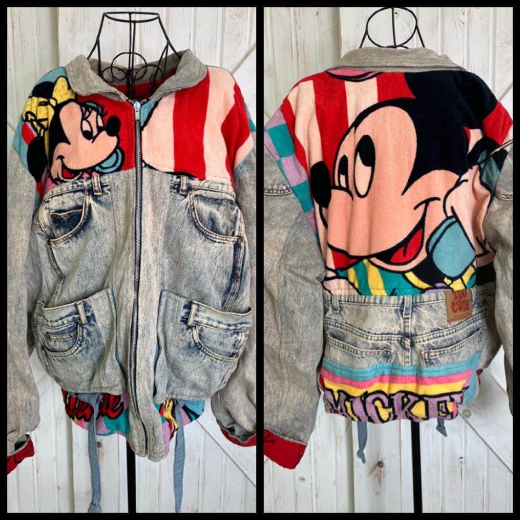 90's Vintage Too Cute x Disney Guetta Brothers Mickey Minnie Mouse Denim Terry Bomber Jacket Coat