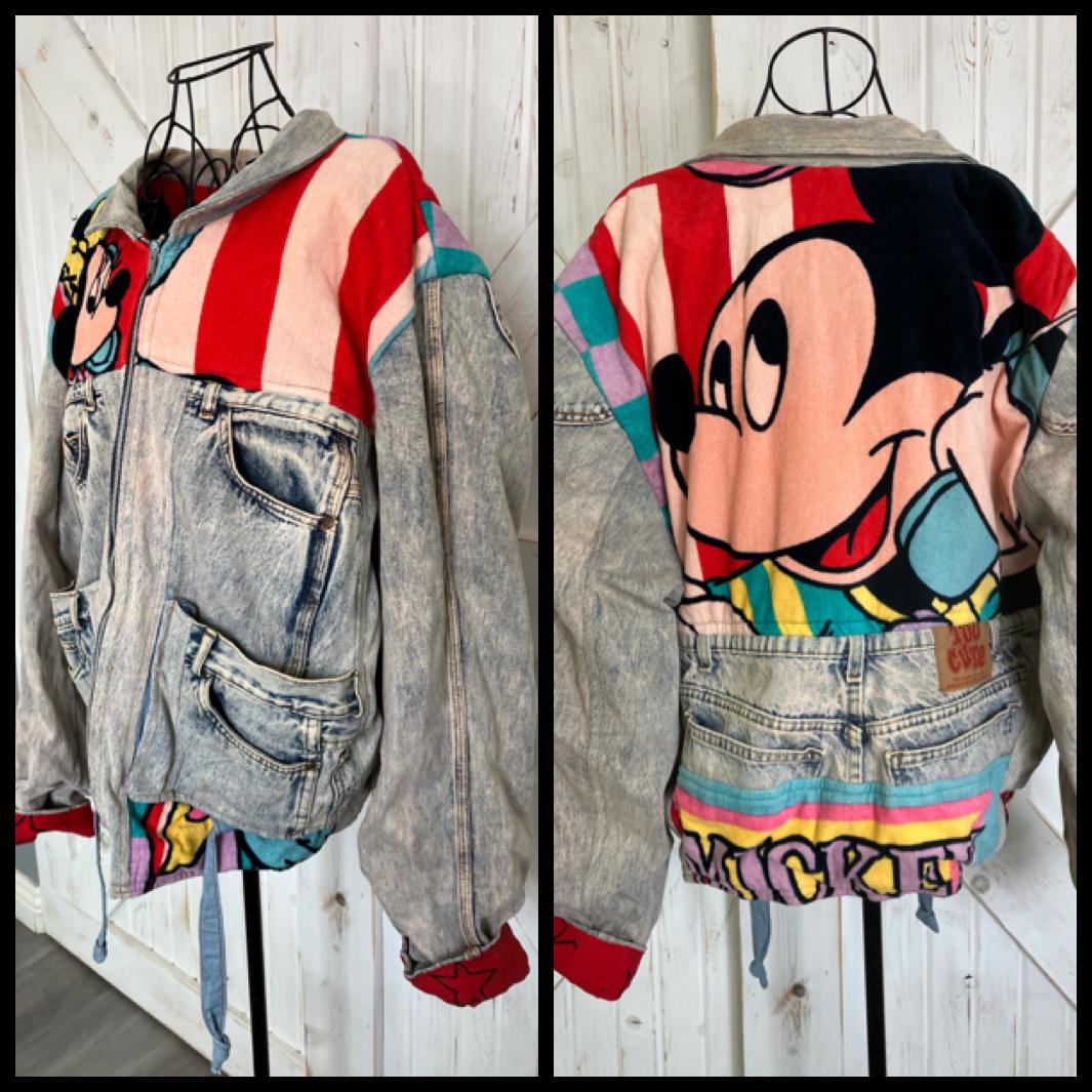 90's Vintage Too Cute x Disney Guetta Brothers Mickey Minnie Mouse Denim Terry Bomber Jacket Coat