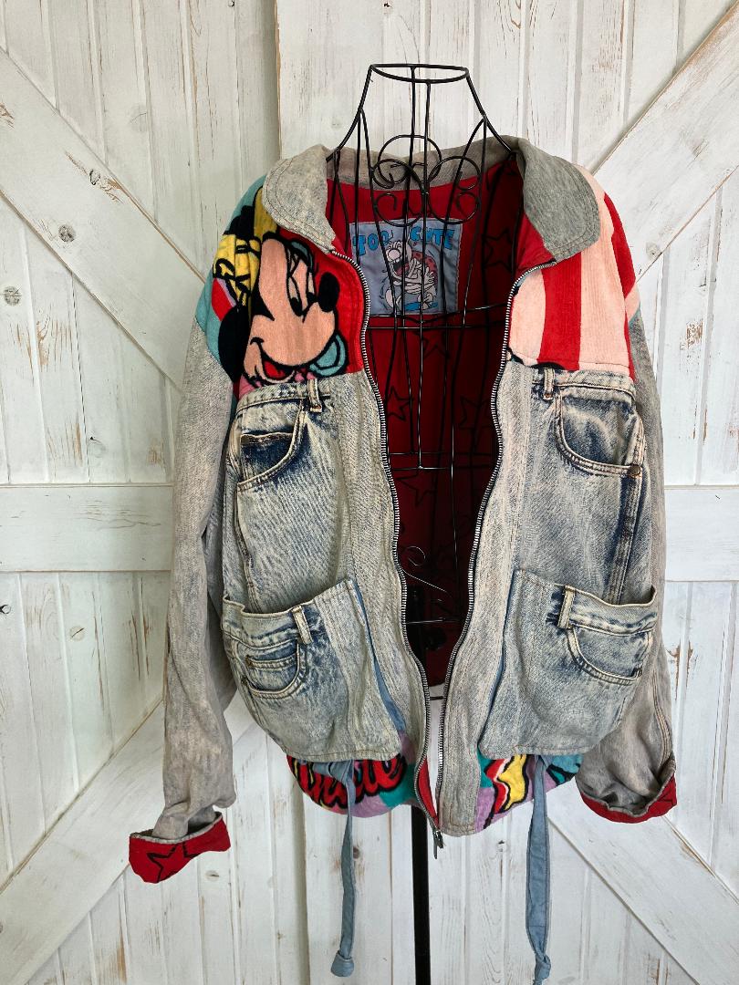 90's Vintage Too Cute x Disney Guetta Brothers Mickey Minnie Mouse Denim Terry Bomber Jacket Coat