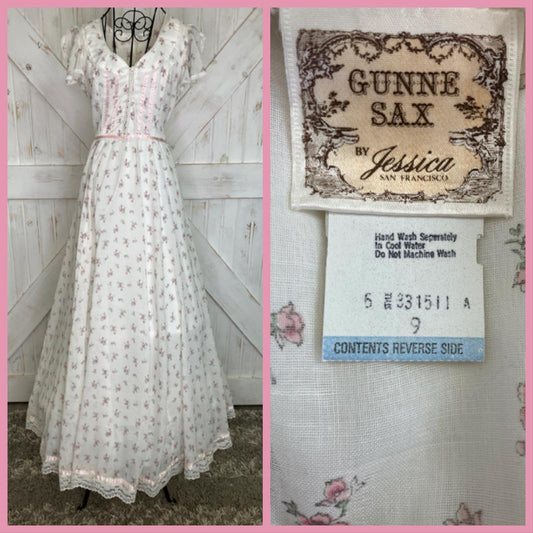 70's Vintage Gunne Sax White Pink Calico Sweetheart Corset Prairie Maxi Dress 9