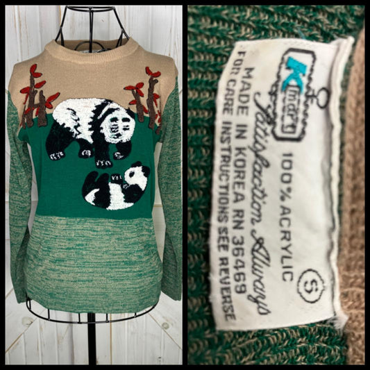 70's Vintage Kmart Fashions Green Panda Bear Novelty Sweater