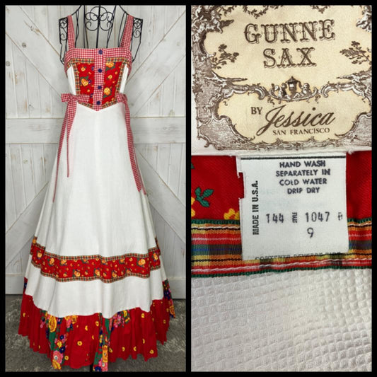 70's Vintage Gunne Sax White Red Rainbow Floral Gingham Calico Side Ties Sundress Maxi Dress 9 *FLAWS