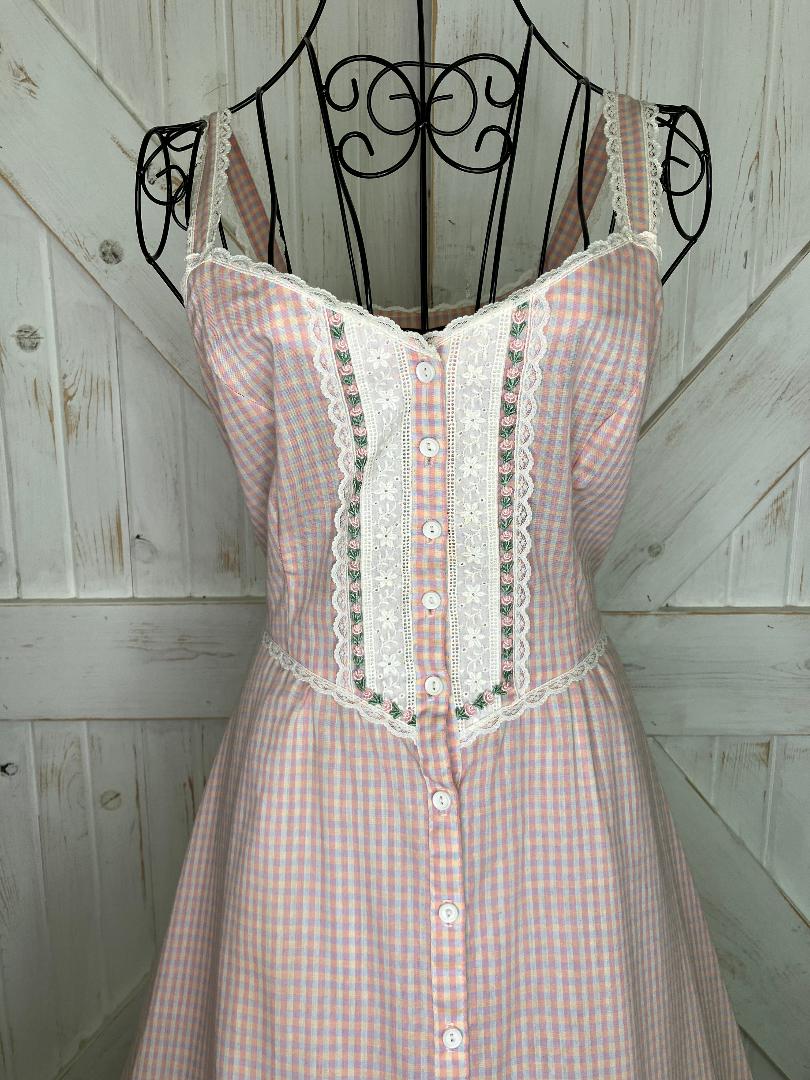 70's Vintage Gunne Sax Pink Purple Yellow Gingham Plaid Sweetheart Prairie Midi Sundress Dress 9