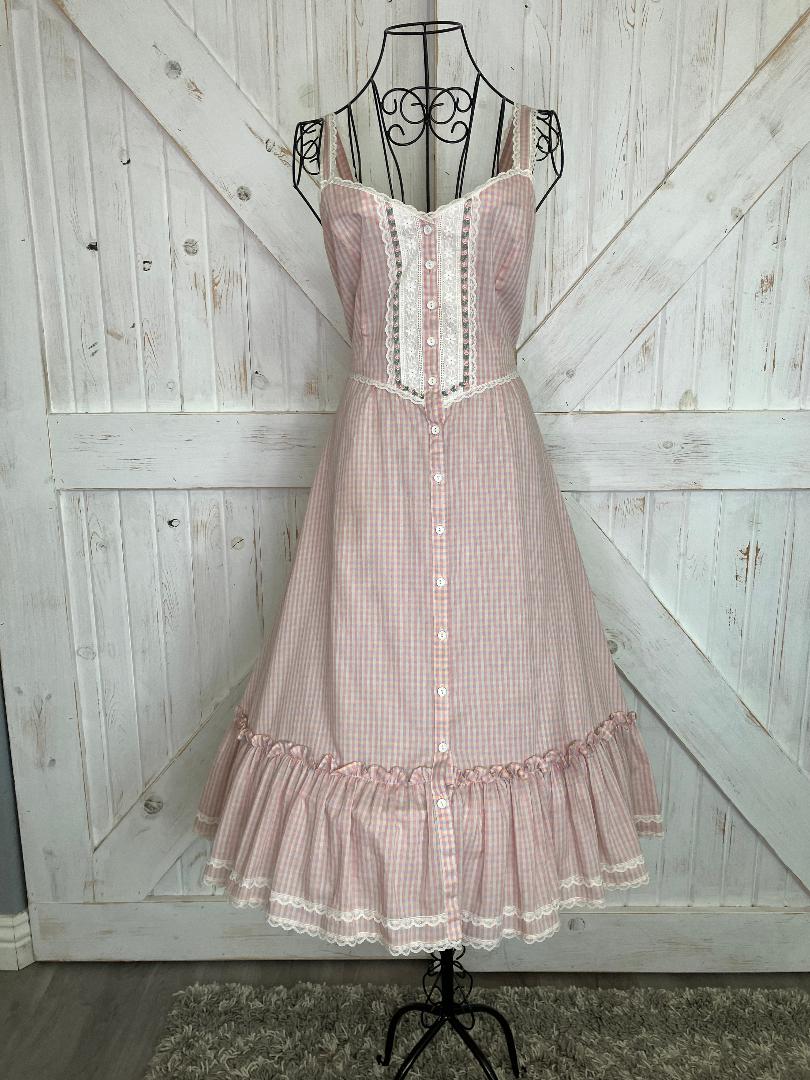 70's Vintage Gunne Sax Pink Purple Yellow Gingham Plaid Sweetheart Prairie Midi Sundress Dress 9