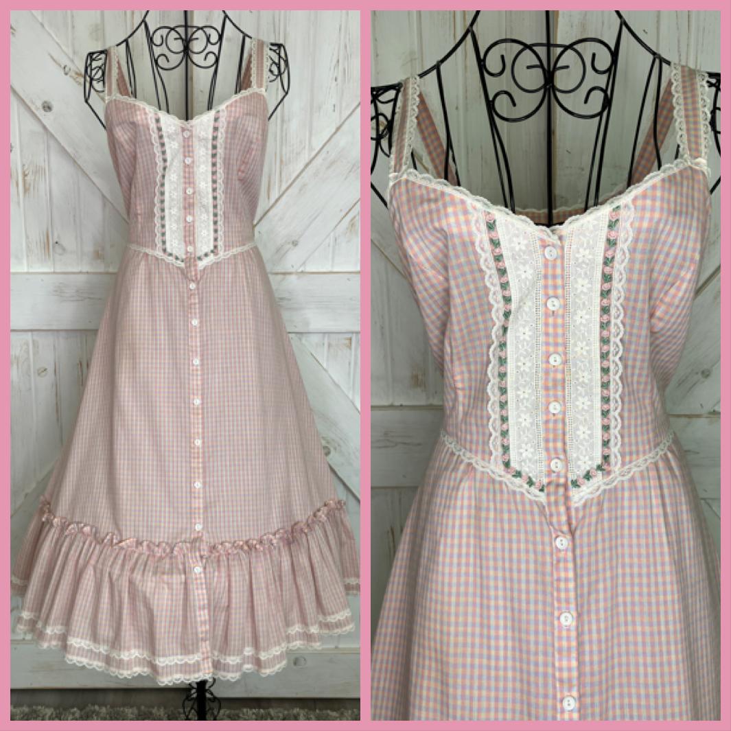 70's Vintage Gunne Sax Pink Purple Yellow Gingham Plaid Sweetheart Prairie Midi Sundress Dress 9