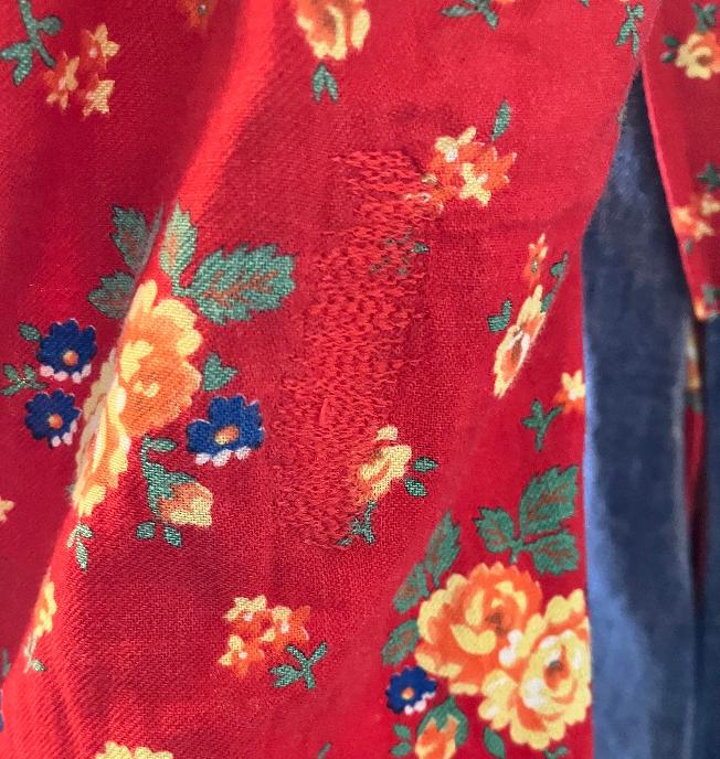 70's Vintage Gunne Sax Denim Blue Jean Red Yellow Green Floral Western Prairie Side Ties Midi Button Front Tent Dress 7 *FLAW