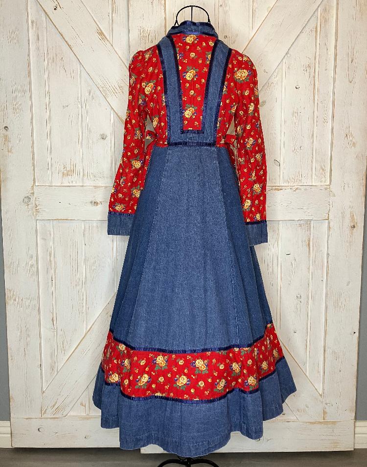 70's Vintage Gunne Sax Denim Blue Jean Red Yellow Green Floral Western Prairie Side Ties Midi Button Front Tent Dress 7 *FLAW