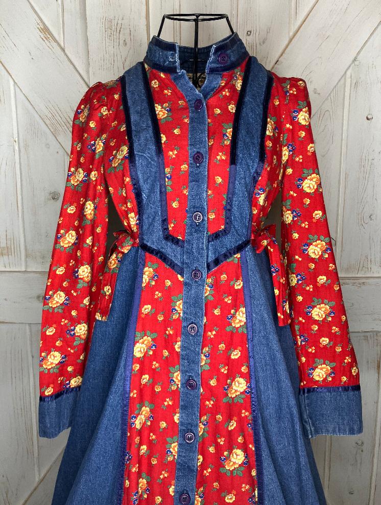 70's Vintage Gunne Sax Denim Blue Jean Red Yellow Green Floral Western Prairie Side Ties Midi Button Front Tent Dress 7 *FLAW