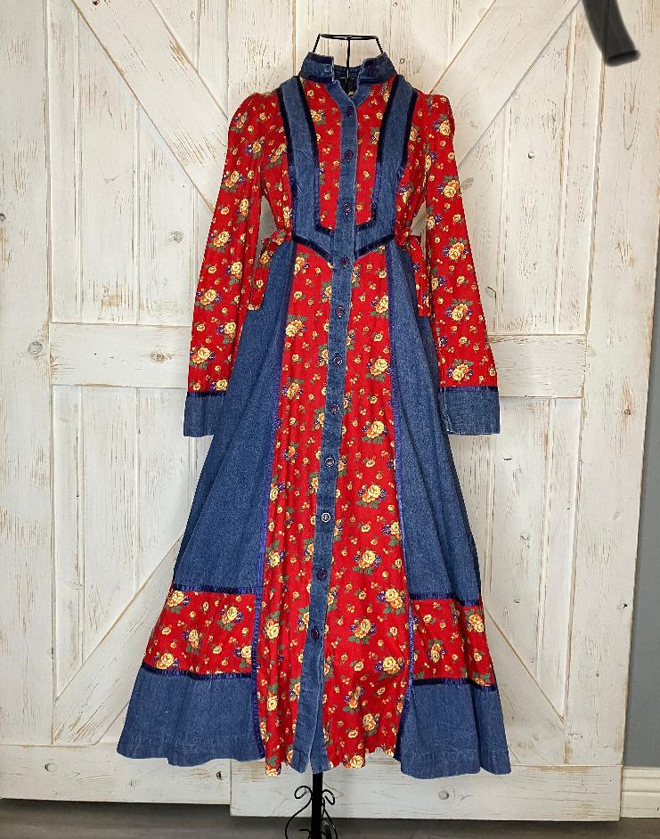 70's Vintage Gunne Sax Denim Blue Jean Red Yellow Green Floral Western Prairie Side Ties Midi Button Front Tent Dress 7 *FLAW