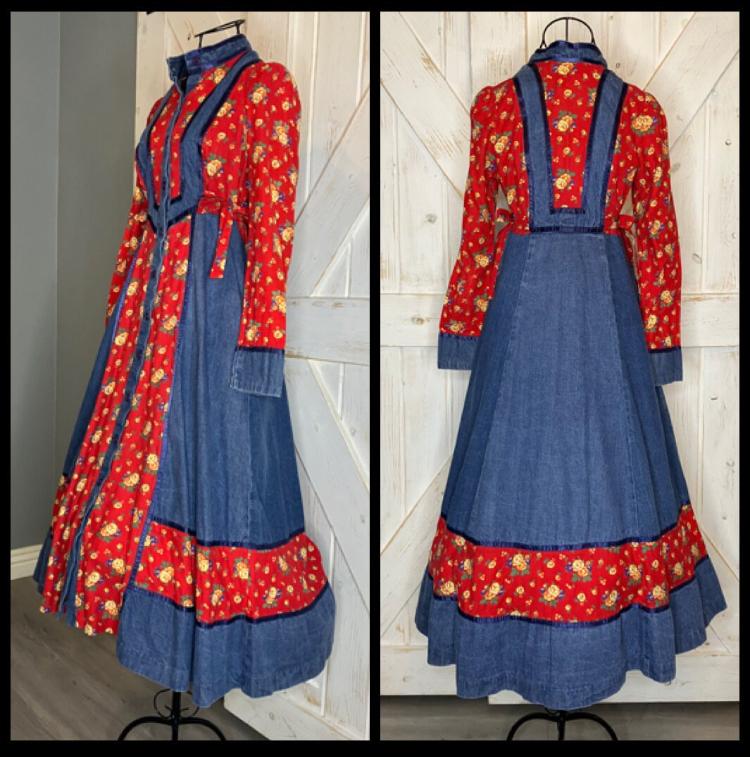 70's Vintage Gunne Sax Denim Blue Jean Red Yellow Green Floral Western Prairie Side Ties Midi Button Front Tent Dress 7 *FLAW