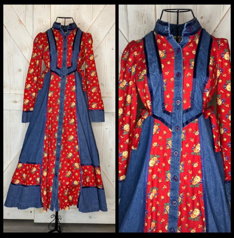 70's Vintage Gunne Sax Denim Blue Jean Red Yellow Green Floral Western Prairie Side Ties Midi Button Front Tent Dress 7 *FLAW