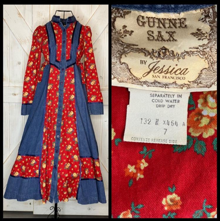 70's Vintage Gunne Sax Denim Blue Jean Red Yellow Green Floral Western Prairie Side Ties Midi Button Front Tent Dress 7 *FLAW