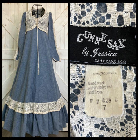 70's Vintage Gunne Sax Black Label Blue Chambray Ivory Lace Corset Prairie Maxi Dress 7