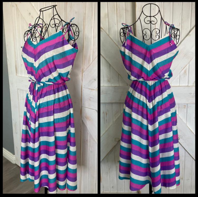 80's Vintage Chevron Stripe Pink White Purple Teal Shoulder Ties Sundress Dress w/ Belt