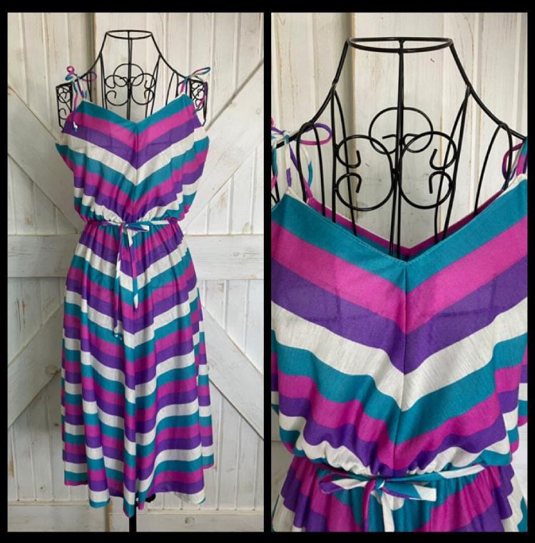 80's Vintage Chevron Stripe Pink White Purple Teal Shoulder Ties Sundress Dress w/ Belt