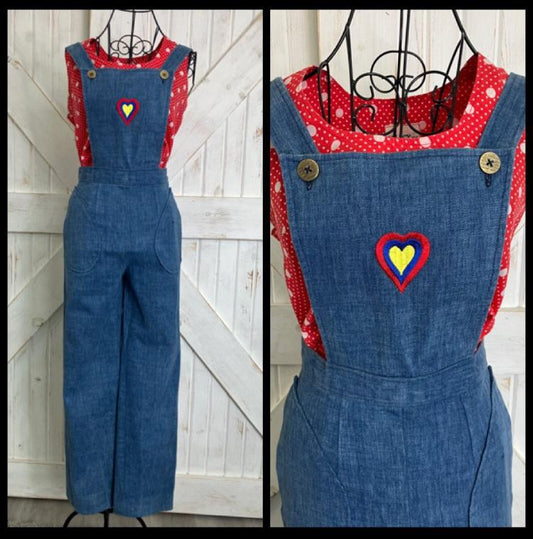 70's Vintage Handmade Blue Denim Jean Heart Patch Jumpsuit Overalls