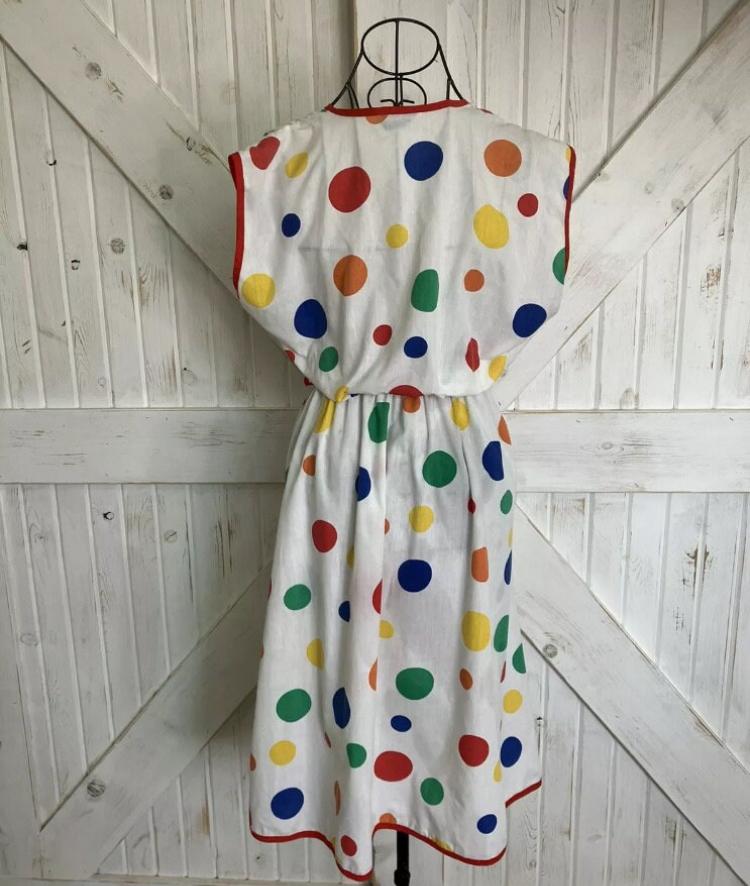 80's Vintage Alternatives White Rainbow Red Blue Yellow Green Polka Dot Wrap Day Midi Sundress Dress