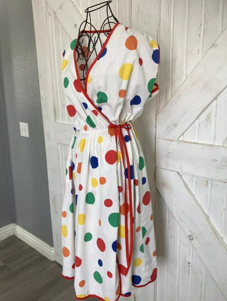 80's Vintage Alternatives White Rainbow Red Blue Yellow Green Polka Dot Wrap Day Midi Sundress Dress