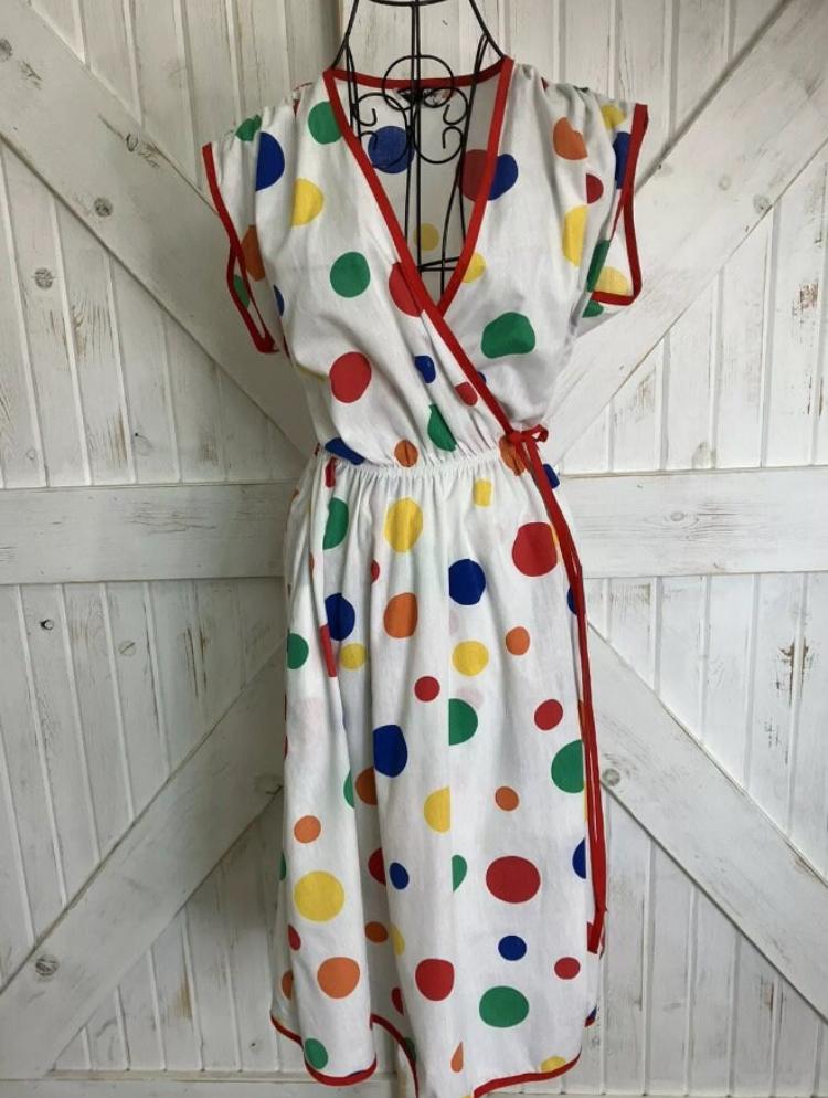 80's Vintage Alternatives White Rainbow Red Blue Yellow Green Polka Dot Wrap Day Midi Sundress Dress