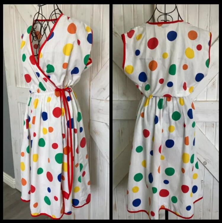 80's Vintage Alternatives White Rainbow Red Blue Yellow Green Polka Dot Wrap Day Midi Sundress Dress