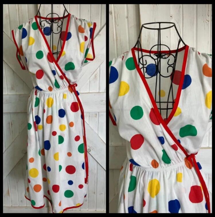 80's Vintage Alternatives White Rainbow Red Blue Yellow Green Polka Dot Wrap Day Midi Sundress Dress