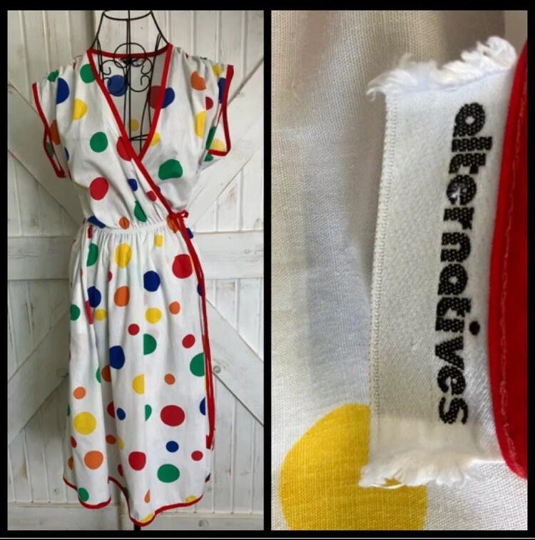 80's Vintage Alternatives White Rainbow Red Blue Yellow Green Polka Dot Wrap Day Midi Sundress Dress