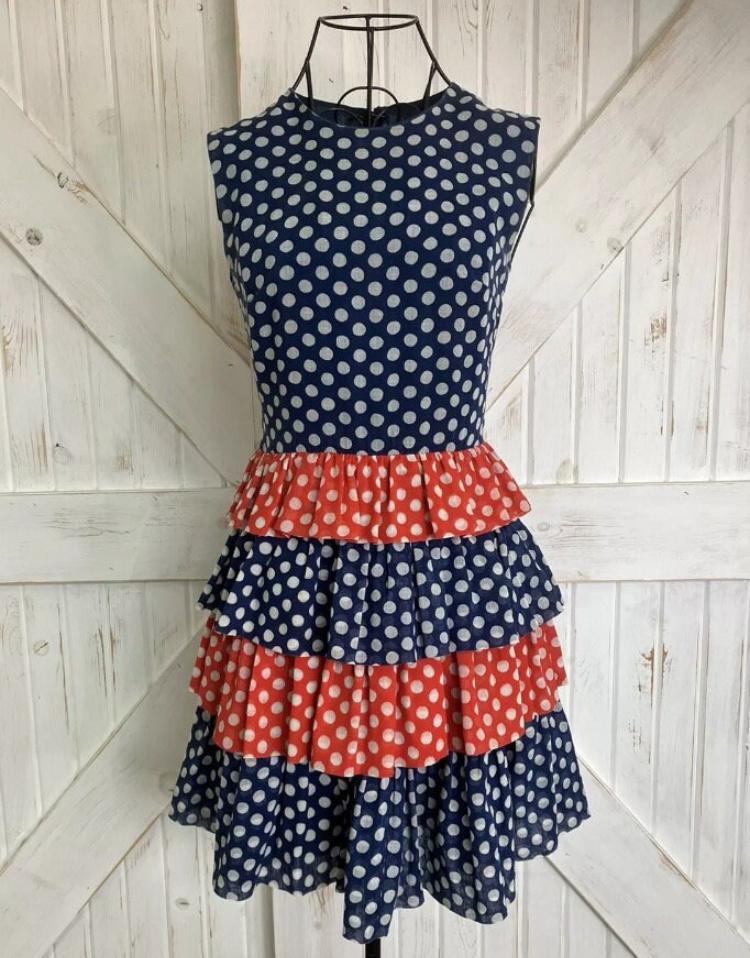 70's Vintage Saks Fifth Avenue Red White Blue Polka Dot Tier Mini GoGo Dress